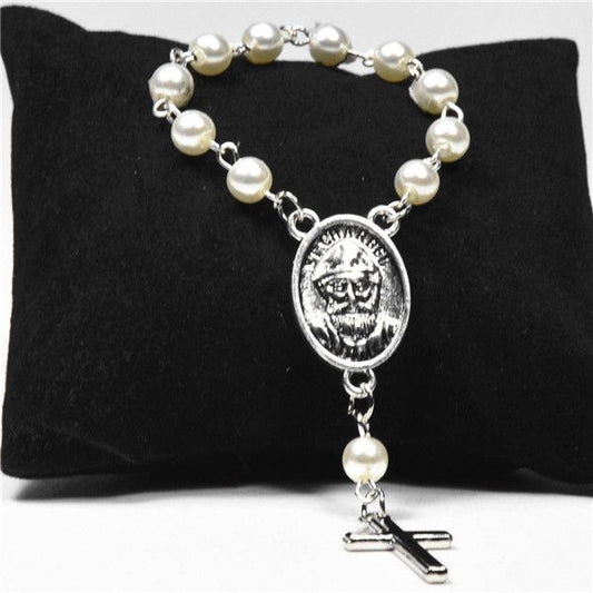 St Charbel Mini Rosary - silver & pearl